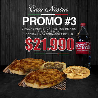 Producto PROMO 3 (2 Pizzas Peperonni + palitos de ajo + pizza nutella + bebida 1.5L
